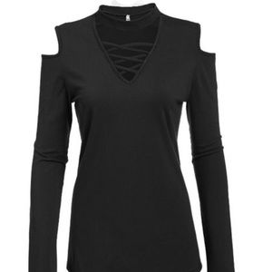 Cold shoulder rich black velvet blouse/shirt